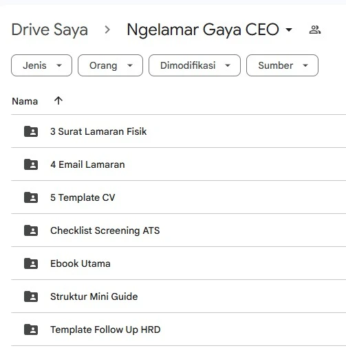 Cuplikan folder Google Drive materi Ngelamar Gaya CEO